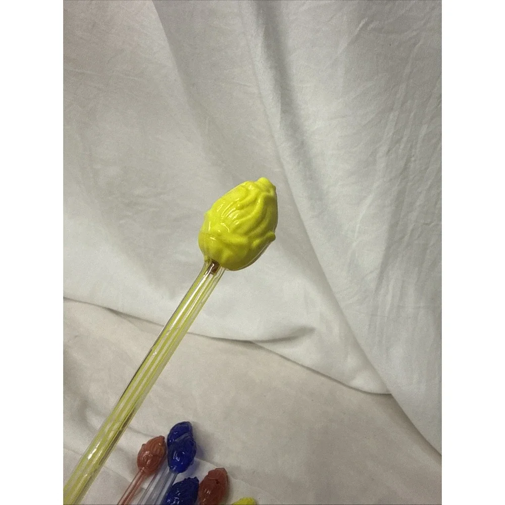 Vintage MCM Hand Blown Art Glass Flower Bud Cocktail Hollow Straw Swizzle Stir 8